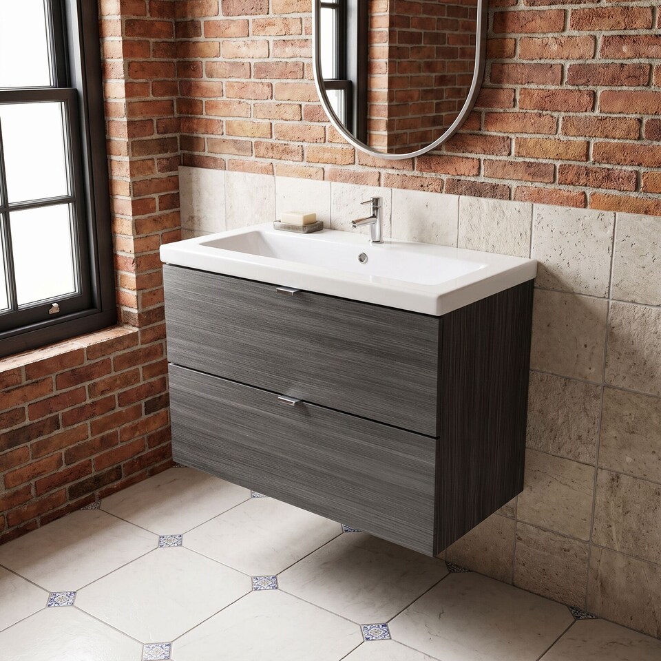 image 1 of Balterley Alrewas Contemporary 2 Drawer Wall Hung Vanity Unit with Basin, Anthracite Woodgrain, 800mm