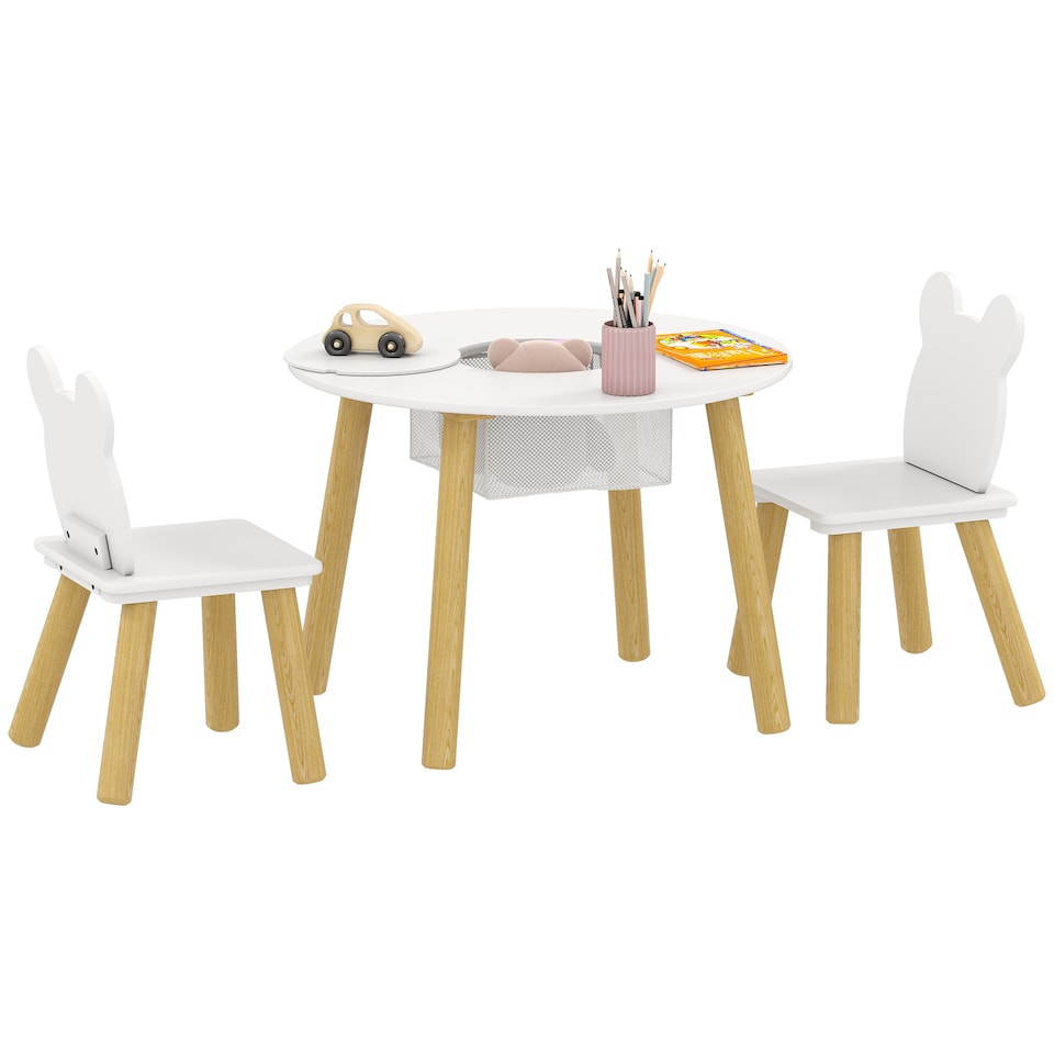 image 1 of AIYAPLAY 3 Pieces Toddler Table and Chair Set w/ Centre Mesh Bag, White