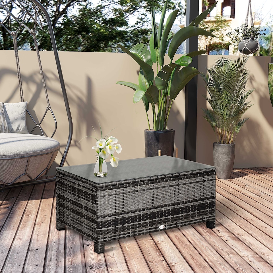 image 1 of Outsunny Garden Rattan Side Table,Wicker Coffee Desk, Glass Top, Mixed Grey