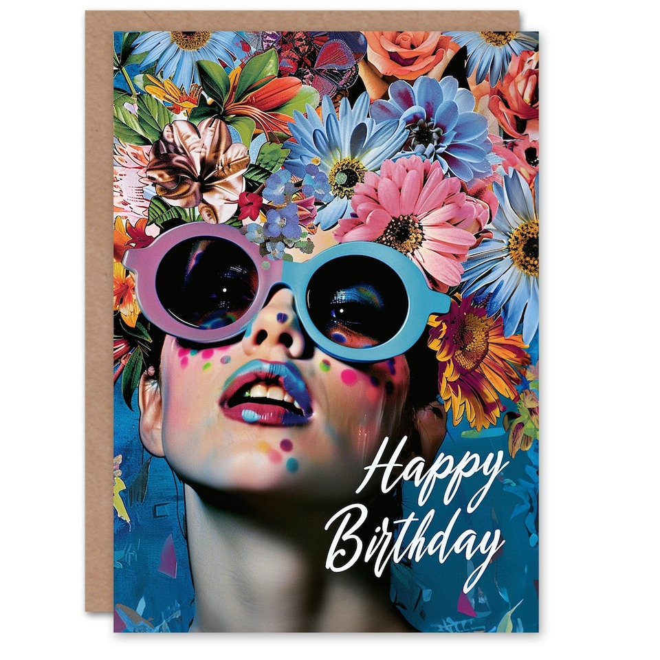 image 1 of Floral Headdress Portrait Sunglasses Woman Her Birthday Card