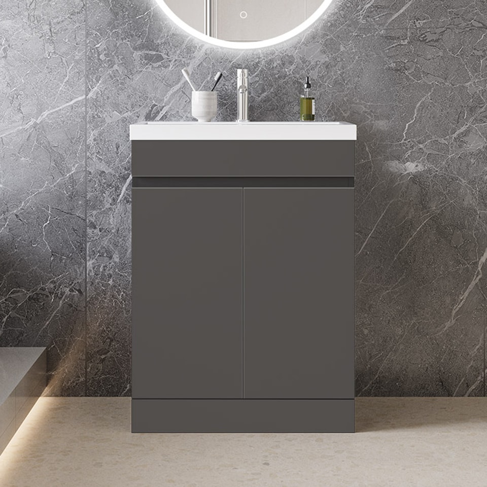 image 1 of AICA 600x390x800mm Bathroom Gloss Grey Vanity Unit with Soft-closing Door Design Storage Space White Ceramic Basin