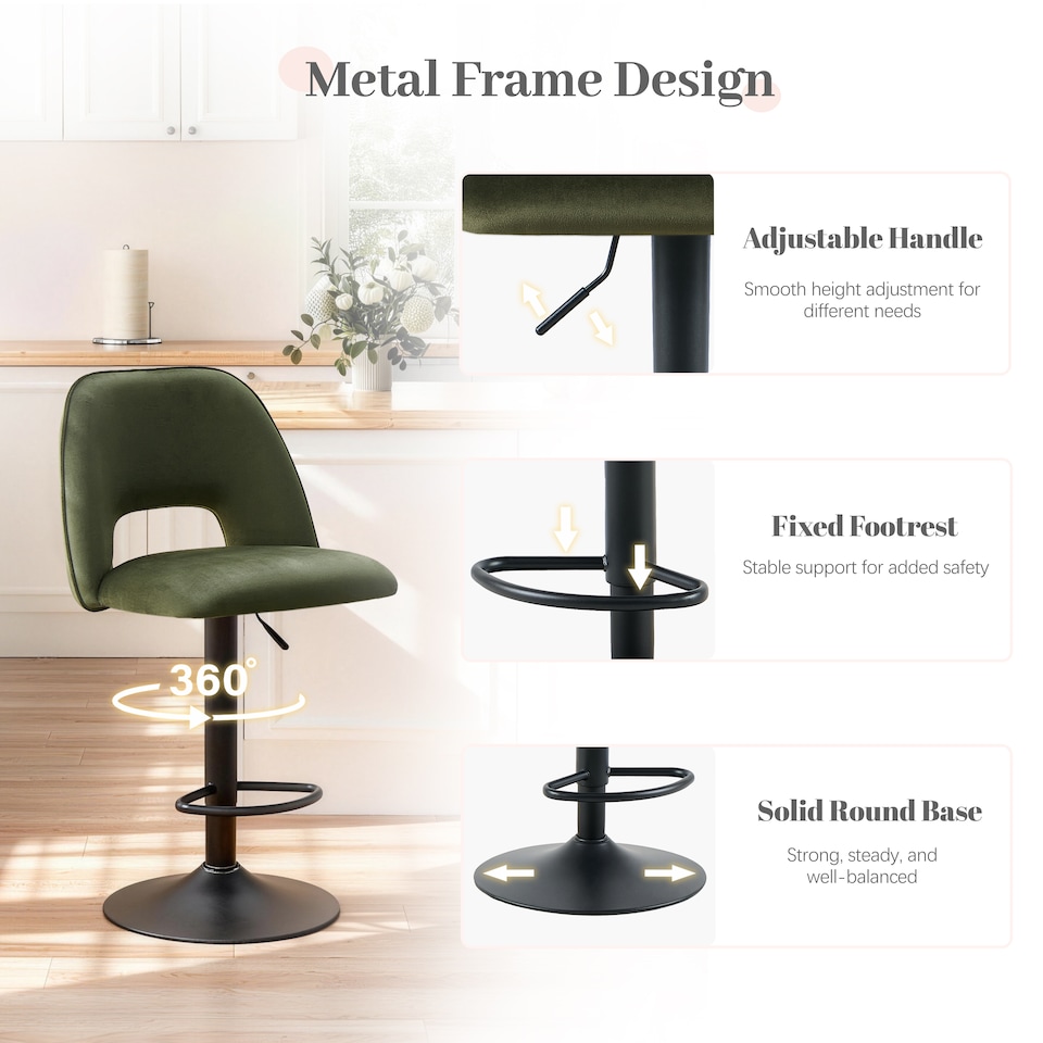 image 1 of SONARA Set of 1 Adjustable Velvet Upholstered Breakfast Bar Stools | Green