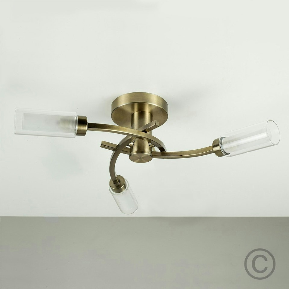 image 1 of ValueLights 3 Way Spiral Flush Antique Brass Effect Ceiling Light Fitting With Glass Shades