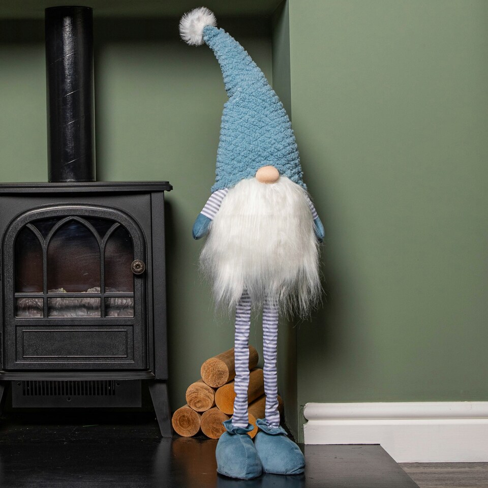 image 1 of 89cm Blue Standing Christmas Gonk Decoration with Extendable Legs and Knitted Hat