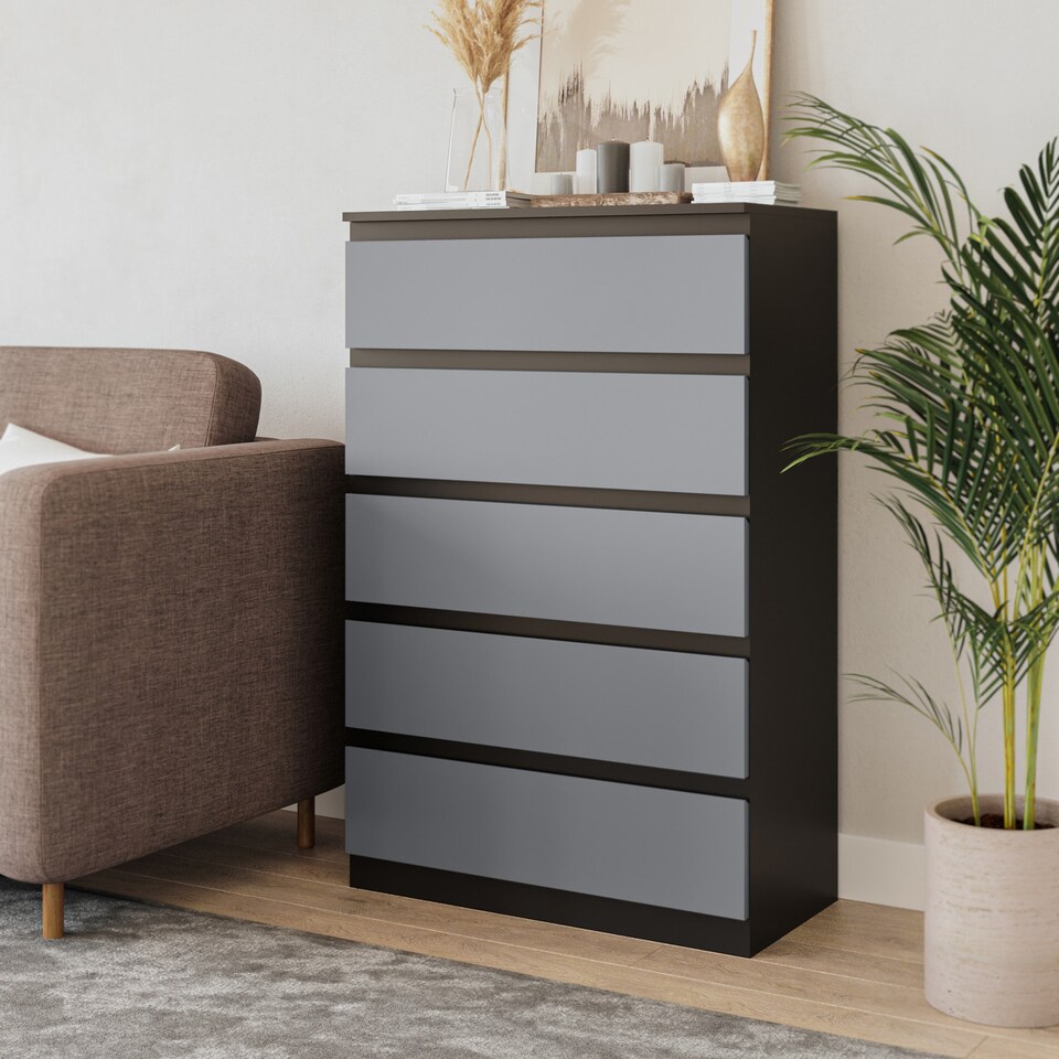 image 1 of Minimalist Chest of 5 Drawers 108.5x70x35 | Black | Black & Grey | 1
