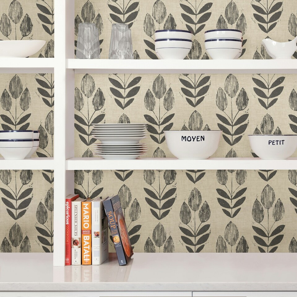 image 1 of NuWallpaper NUS2459 Folk Tulip Peel & Stick Wallpaper, Charcoal Multi