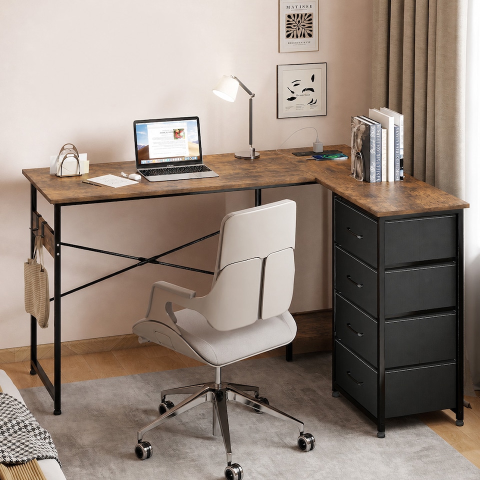 image 1 of Levede Reversible L-shaped Corner Desk 4 Drawers for Office or Gaming