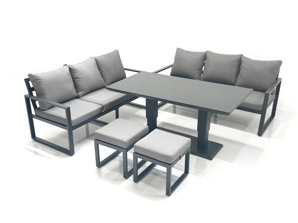 image 1 of Fimous 8 Seater Aluminium Outdoor Garden Furniture Set with Adjustable Rising Lifting Dining Table 3 Seater Sofa 2 Small Footstool Dark Grey