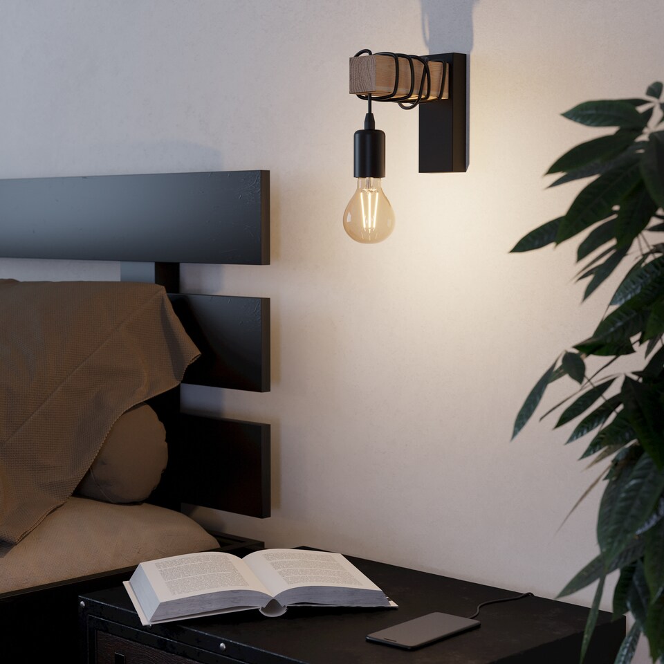image 1 of EGLO Townshend Black Metal & Natural Wood Wall Light - Vintage Industrial Style (D) 21.5cm