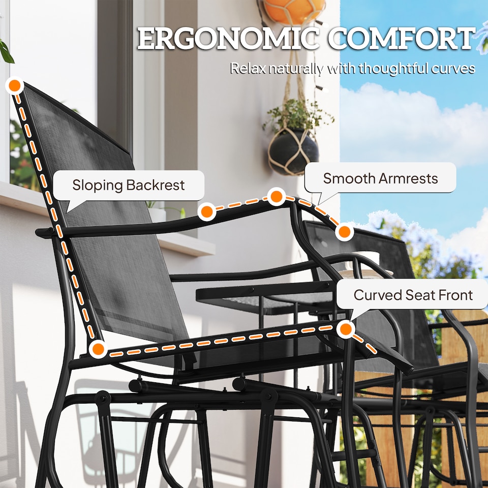image 1 of Outsunny Outdoor Double Glider Rocking Chairs with Glass Top Middle Table, Metal Gliding Love Seat Conversation Furniture with Breathable Mesh Fabric Seat, for Garden, Patio, Black