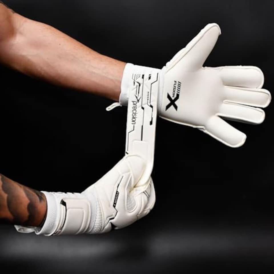 image 1 of Precision Fusion X Pro Classic Hybrid Giga Goalkeeper Gloves, 4mm Giga Latex, Hybrid Cut, Enhanced Wrist Support, Breathable Mesh, White Black, 7