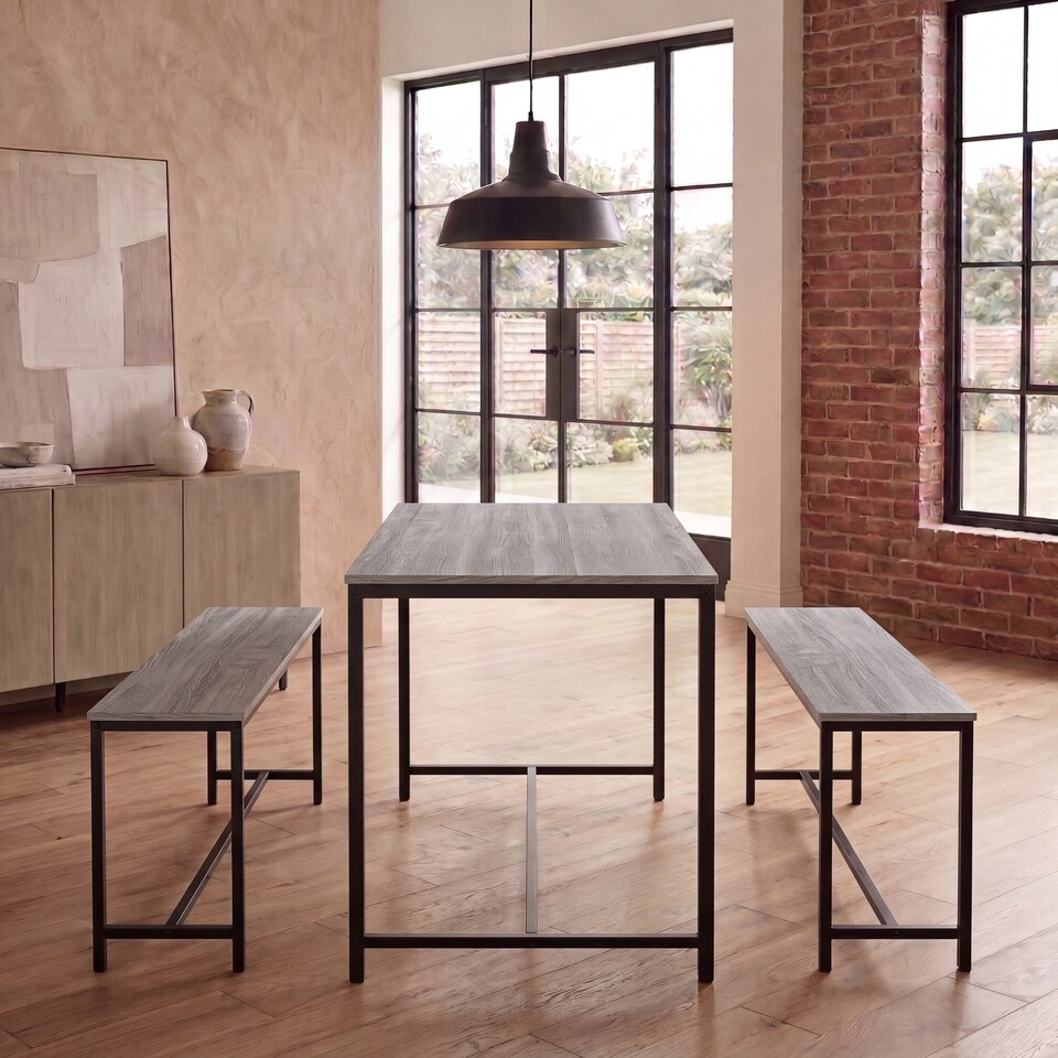image 1 of Vida Designs Brooklyn 4 Seater Dining Set 3 Piece Table & Bench Set, Grey