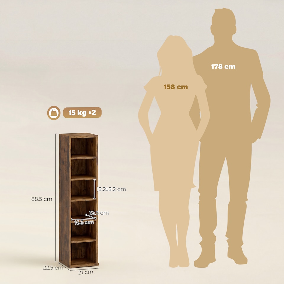 image 1 of HOMCOM Set of 2 CD Storage Units with Adjustable Shelves, Rustic Brown | Brown | Rustic Brown | 21W x 22.5D x 88.5H cm