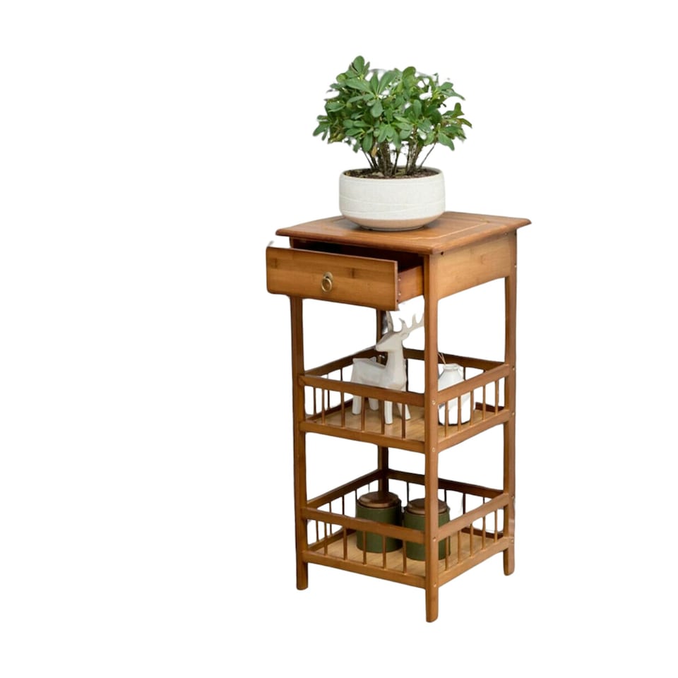 image 1 of 3 Tier Wooden Tall Side Table With Drawer Brown