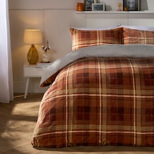 OHS Autumnal Check Print Soft Cosy Warm Plush Fleece Duvet Cover and Pillowcase Bedding Set Orange | Rust | Double