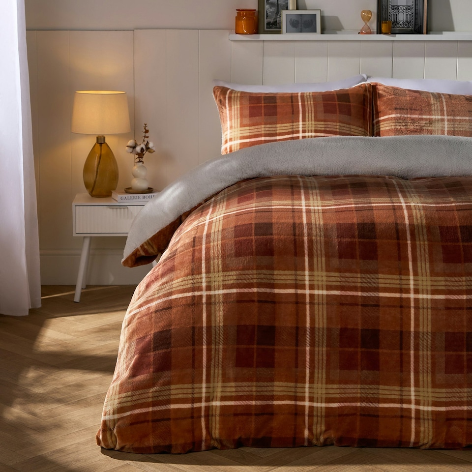 image 1 of OHS Autumnal Check Print Soft Cosy Warm Plush Fleece Duvet Cover and Pillowcase Bedding Set Orange | Rust | Double
