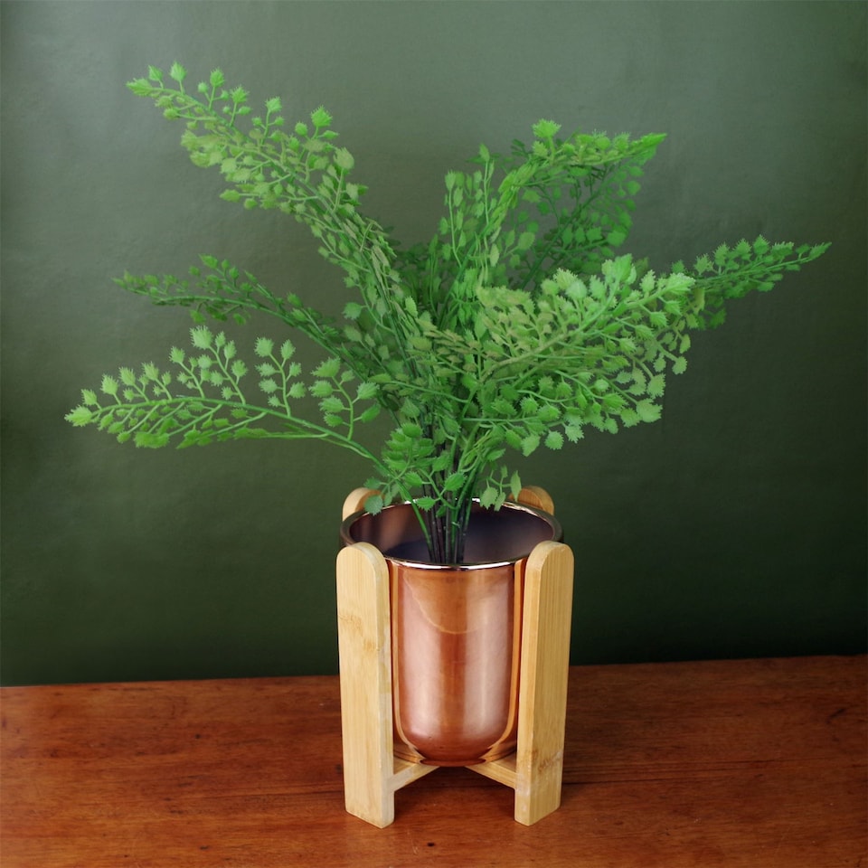 image 1 of Gold Ceramic Planter Bamboo Stand Plant Pot | Gold