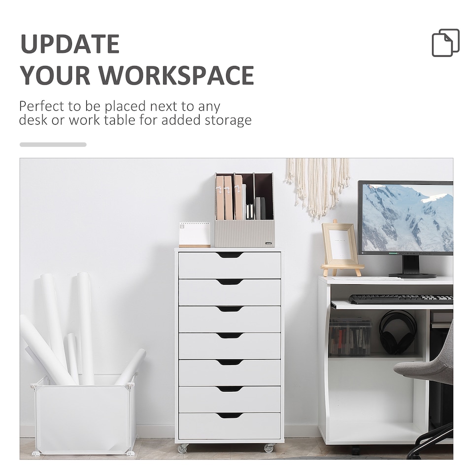 image 1 of Vinsetto Vertical Filing Cabinet, 7-drawer File Cabinet, Mobile Office Cabinet on Wheels for Study, Home Office, White