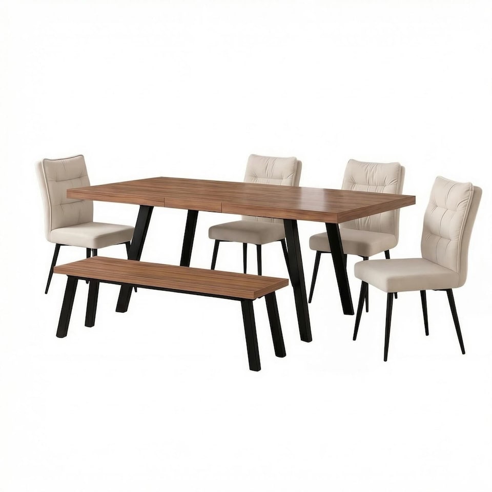image 1 of 6-Piece Dining Set, Expandable Dining Table with 4 Beige Padded Chairs+Bench