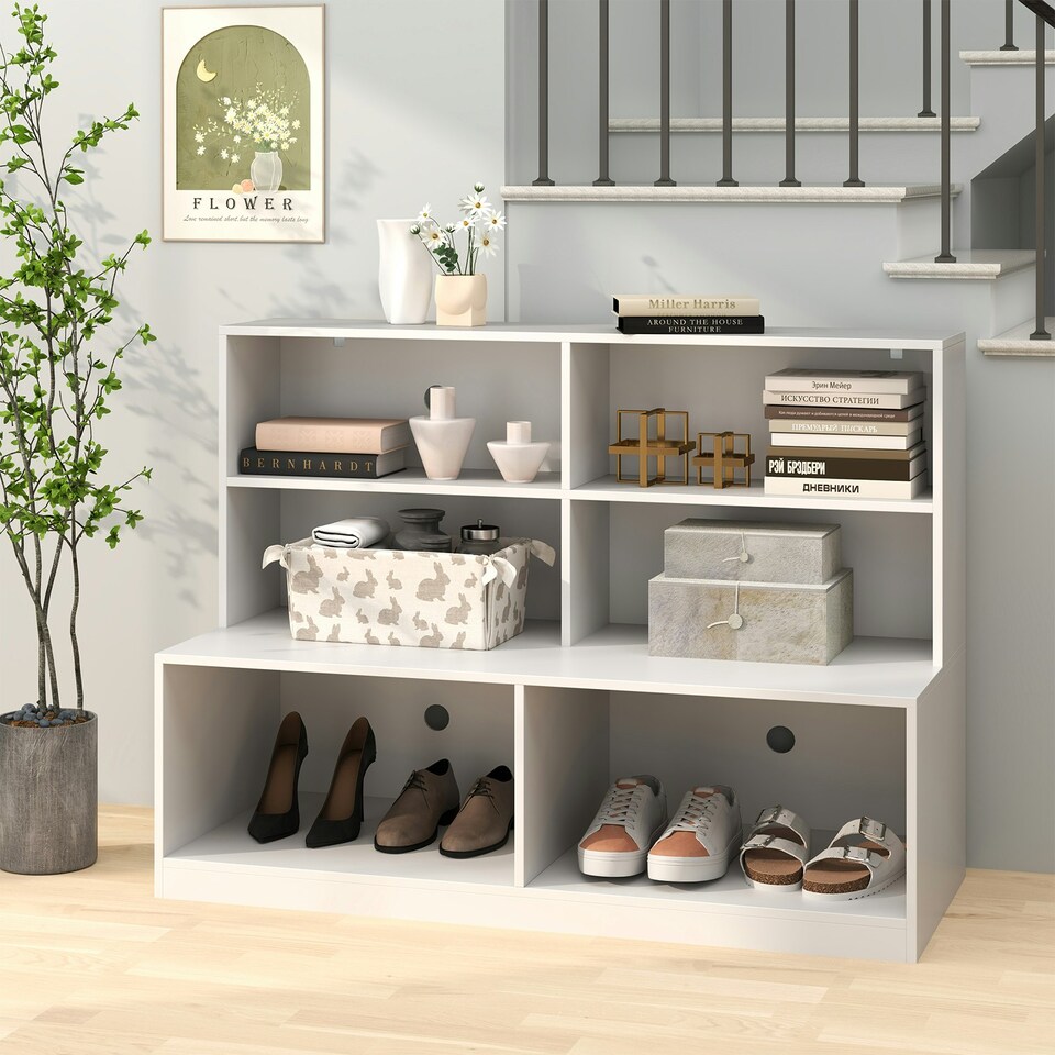 image 1 of COSTWAY Entryway Shoe Cabinet 2-in-1 Storage Shoe Bench White