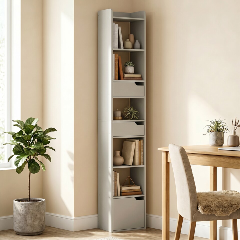 image 1 of HOMCOM Bookcase Tall Narrow with 5 Tiers Drawers