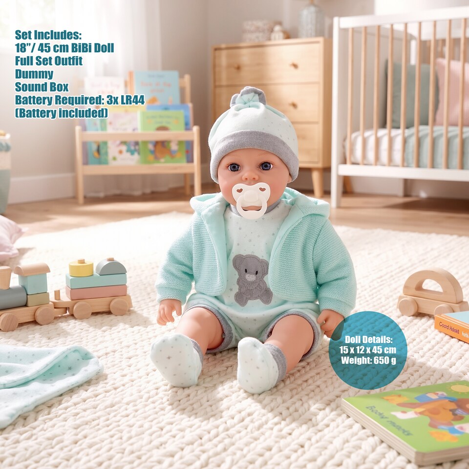 image 1 of BiBi Doll 18" Mint Baby Doll Boy With Sounds & Dummy