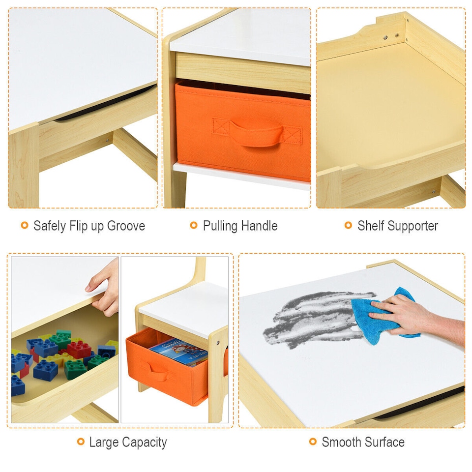 image 1 of COSTWAY Kids Table Chair Set with Double Storage Box Cream