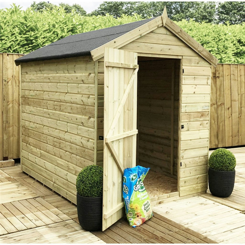 8 x 6 Premier Windowless Pressure Treated Tongue And Groove Single Door Apex Shed With Higher Eaves And Ridge Height (8' x 6' / 8ft x 6ft) (8x6)