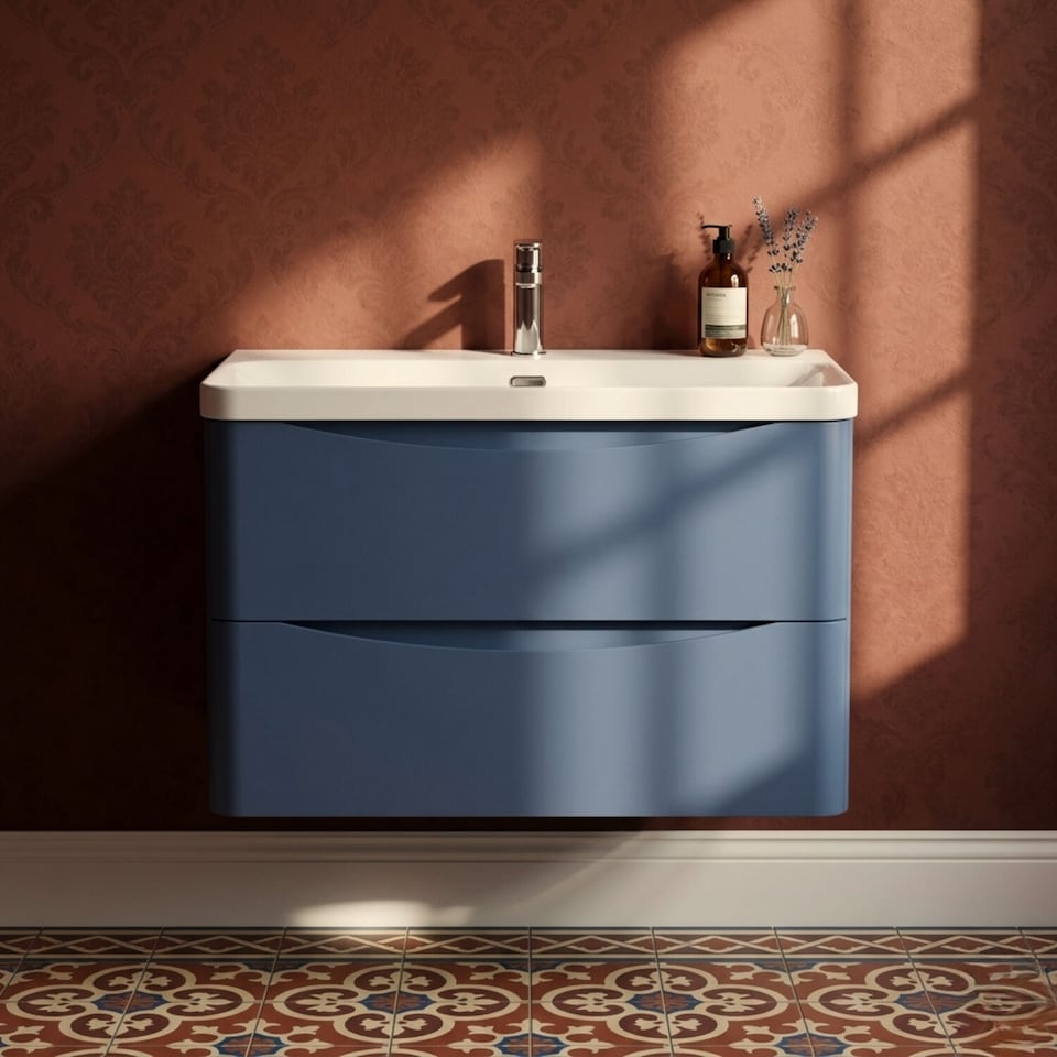image 1 of Balterley Arch Modern Bathroom Wall Hung 2 Drawer Vanity Unit & Ceramic Basin | Blue | Satin Blue