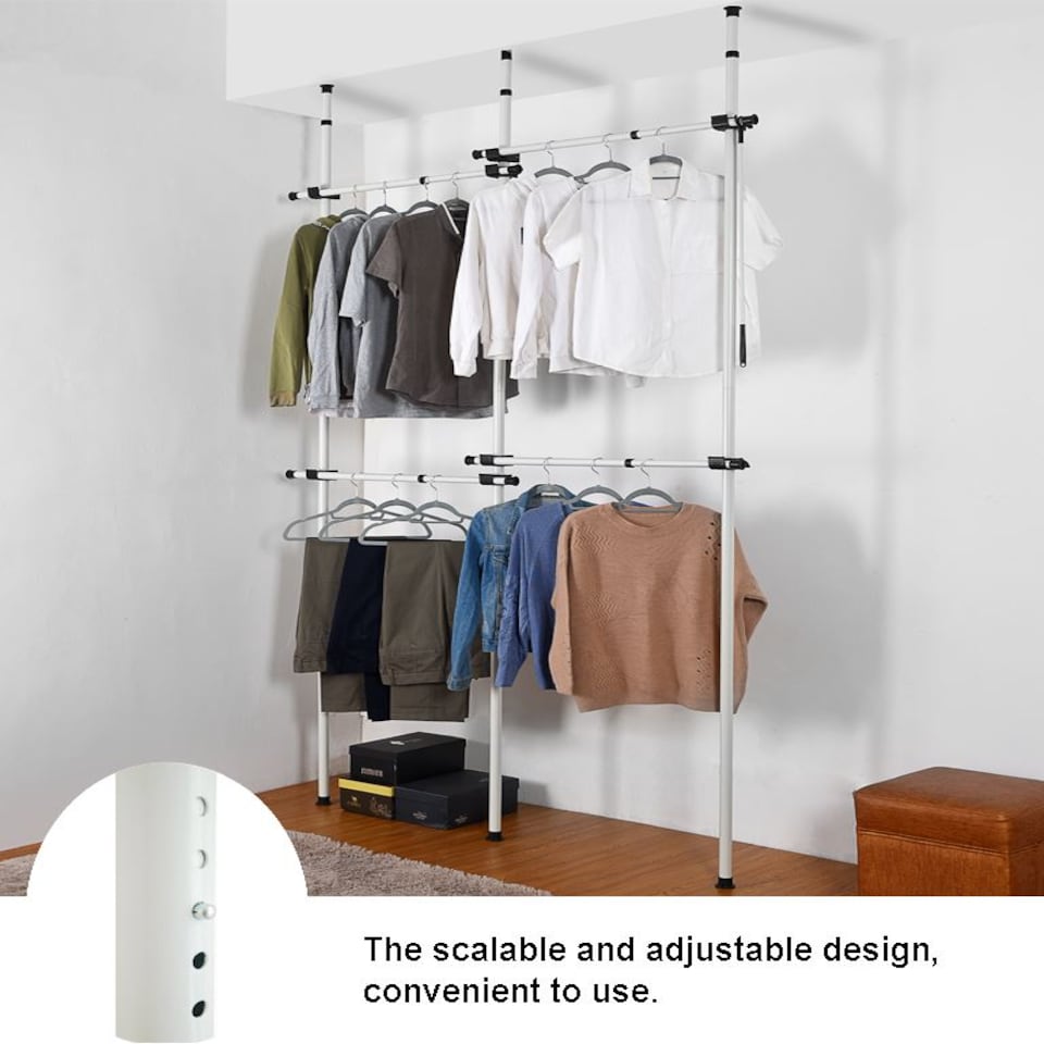 image 1 of House of Home Telescopic Double Rail Clothes Wardrobe Organise Hanging Rack Adjustable Storage | White | Not provided