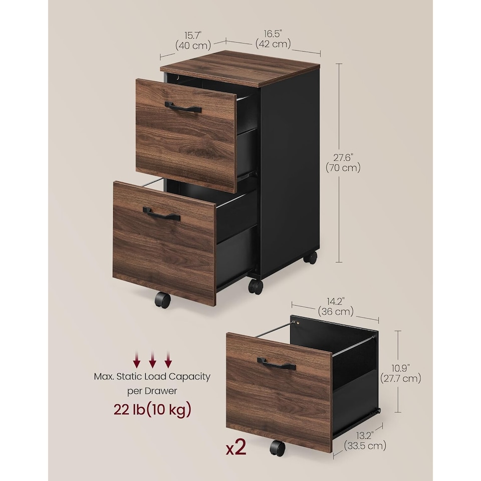 image 1 of Mobile Filing Cabinet with Printer Stand and 2 Drawers, Office Storage Unit, Natural Walnut and Ink Black