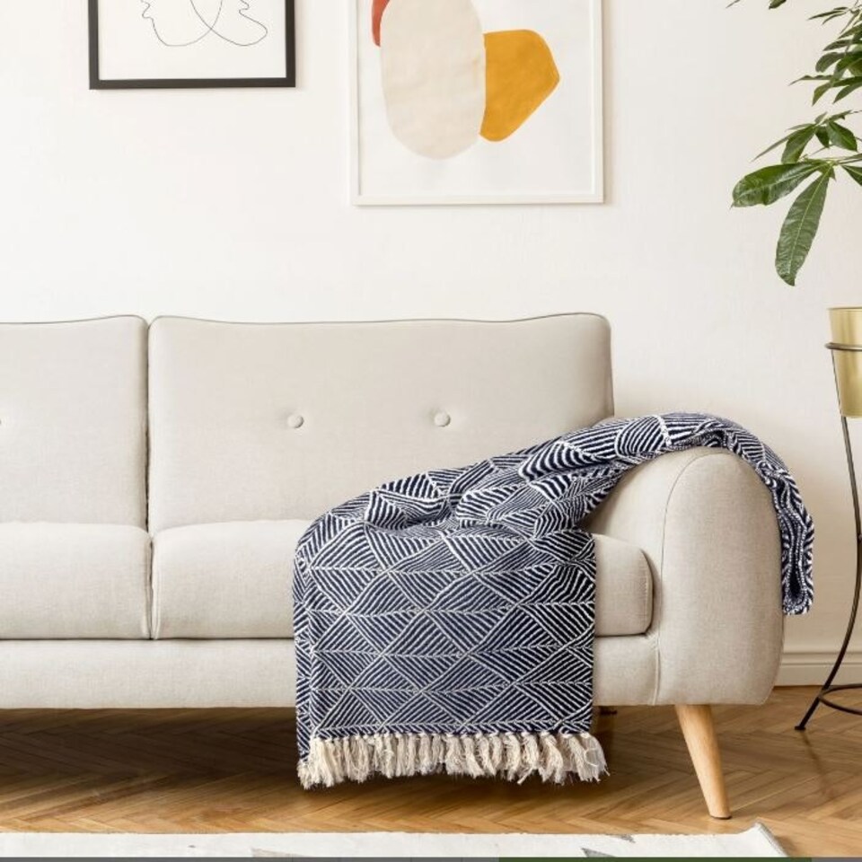 image 1 of Geo Diamond Collection Recycled Cotton Throw in Navy (50" x 60") Blue | Blue