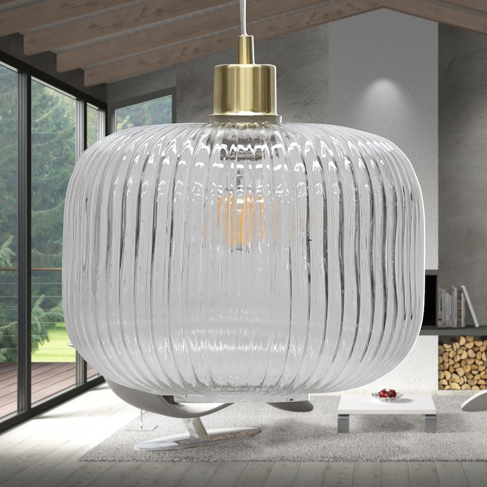 image 1 of Set of 2 Batley Large - Clear Ribbed Glass with Satin Brass Pendants | Clear | Clear ribbed glass with satin brass plate detail | Small | 2