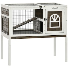 PawHut Rabbit Hutch, Elevated Guinea Pig Cage w/ Openable Roof & Tray, Brown