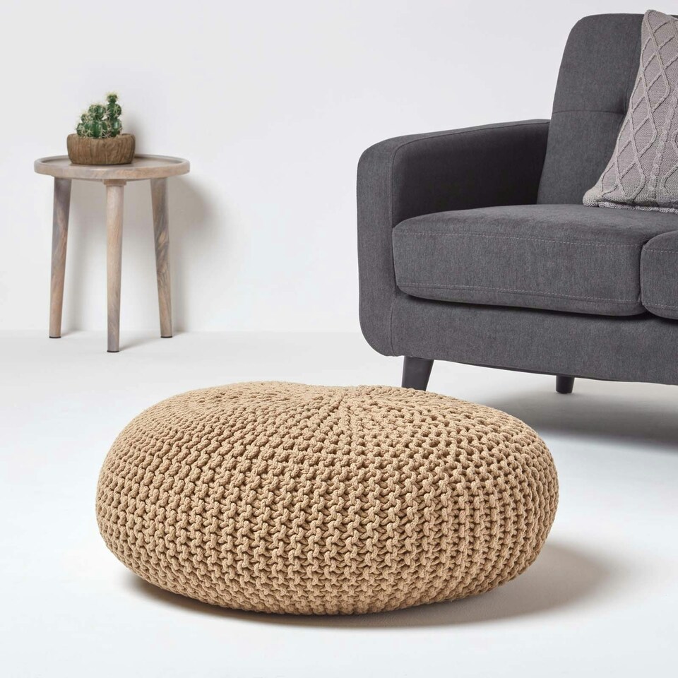 image 1 of Homescapes Linen Large Round Cotton Knitted Pouffe Footstool