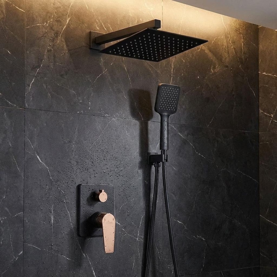 image 1 of Black/Rose Gold Brass Wall Concealed Shower Mixer Set Rainfall Handshower