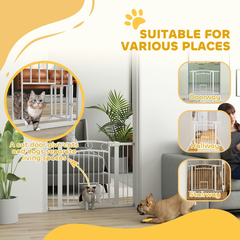 image 1 of PawHut Stair Gate with Cat Door, Adjustable Width, 76-104cm and 77cm Tall