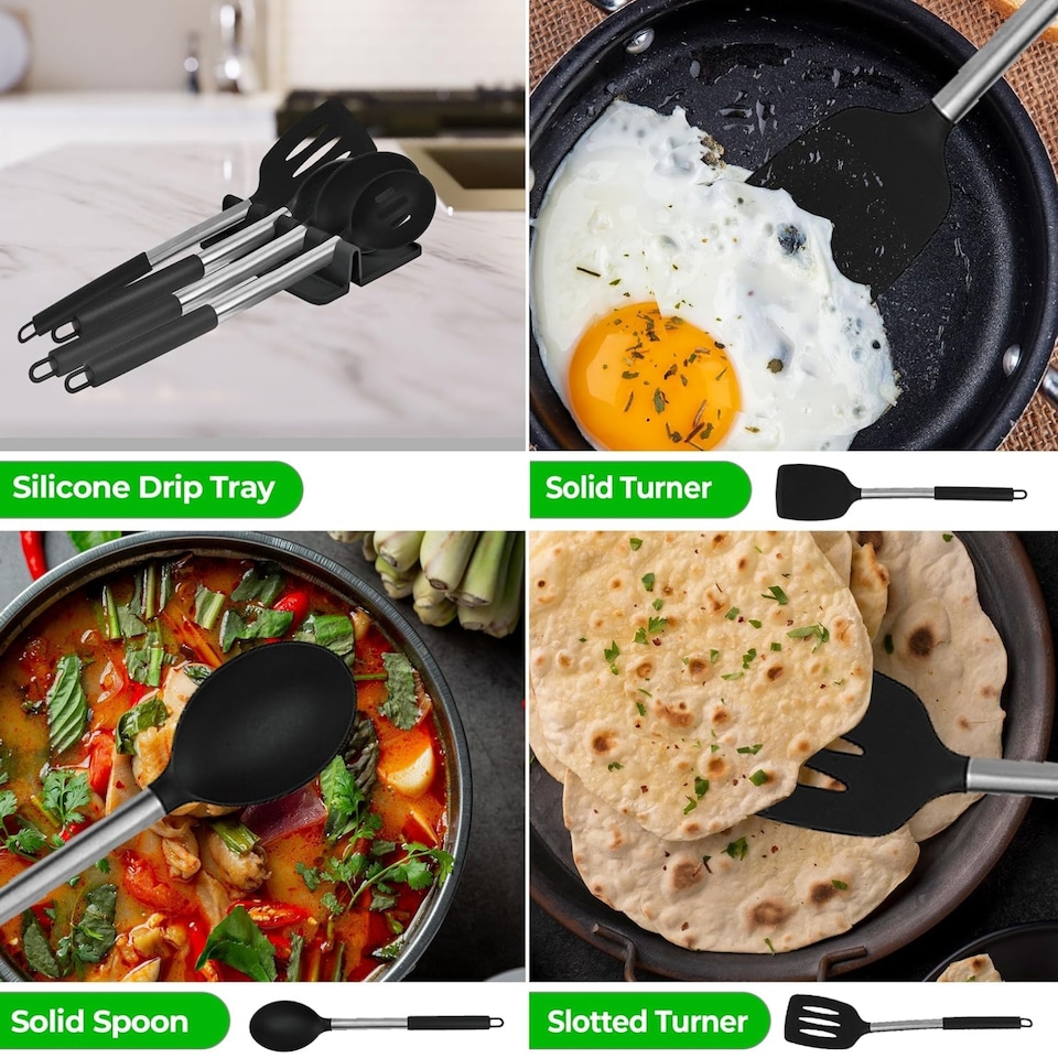 image 1 of 8 Piece Silicone Kitchen Utensil Set with Storage Bucket Black