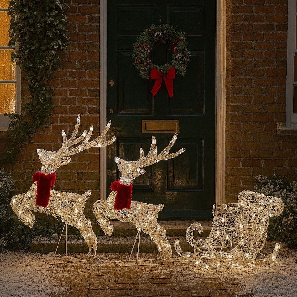 image 1 of Neo 240 LED Christmas Sleigh Reindeer Outdoor Decoration Warm Bright White Mixed Light Effects Timer 65cm Reindeers Weatherproof Frame 6 Ground Hooks Included
