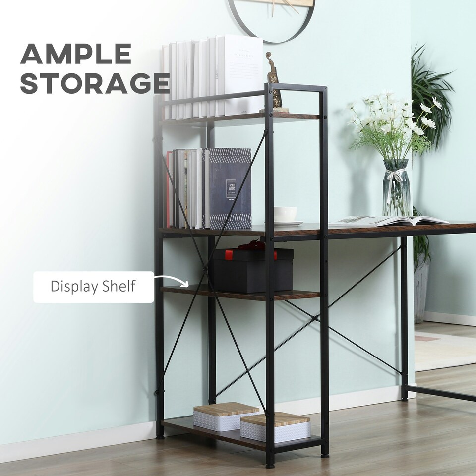 image 1 of HOMCOM Computer Desk Laptop Table w/4-tier Bookshelf  Metal Frame Brown, Black