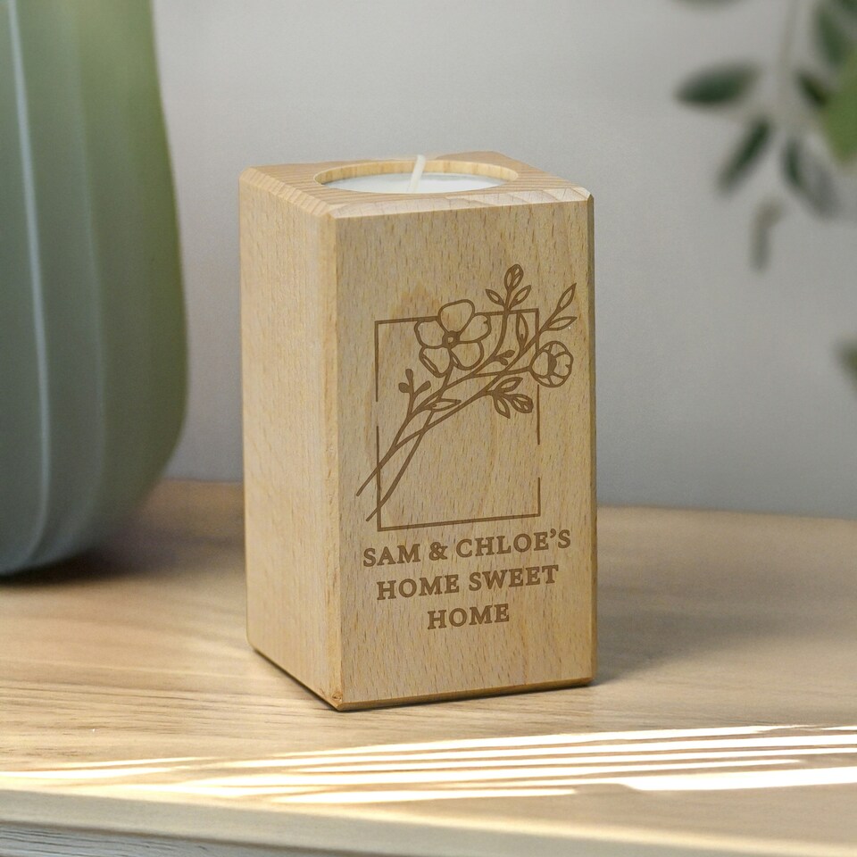 image 1 of Personalised Floral Bouquet Wooden Tealight Holder | Brown