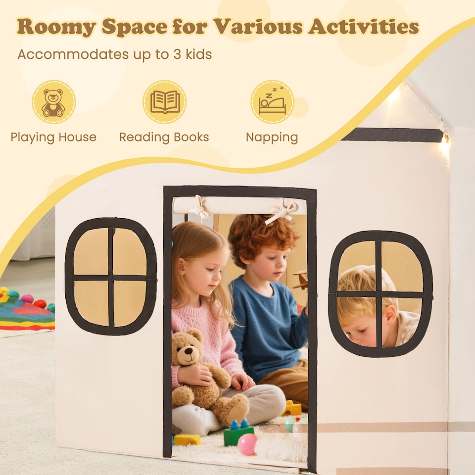 image 1 of COSTWAY Kids Play Tent Large Playhouse w/ Door Curtain & Windows-Beige + Grey