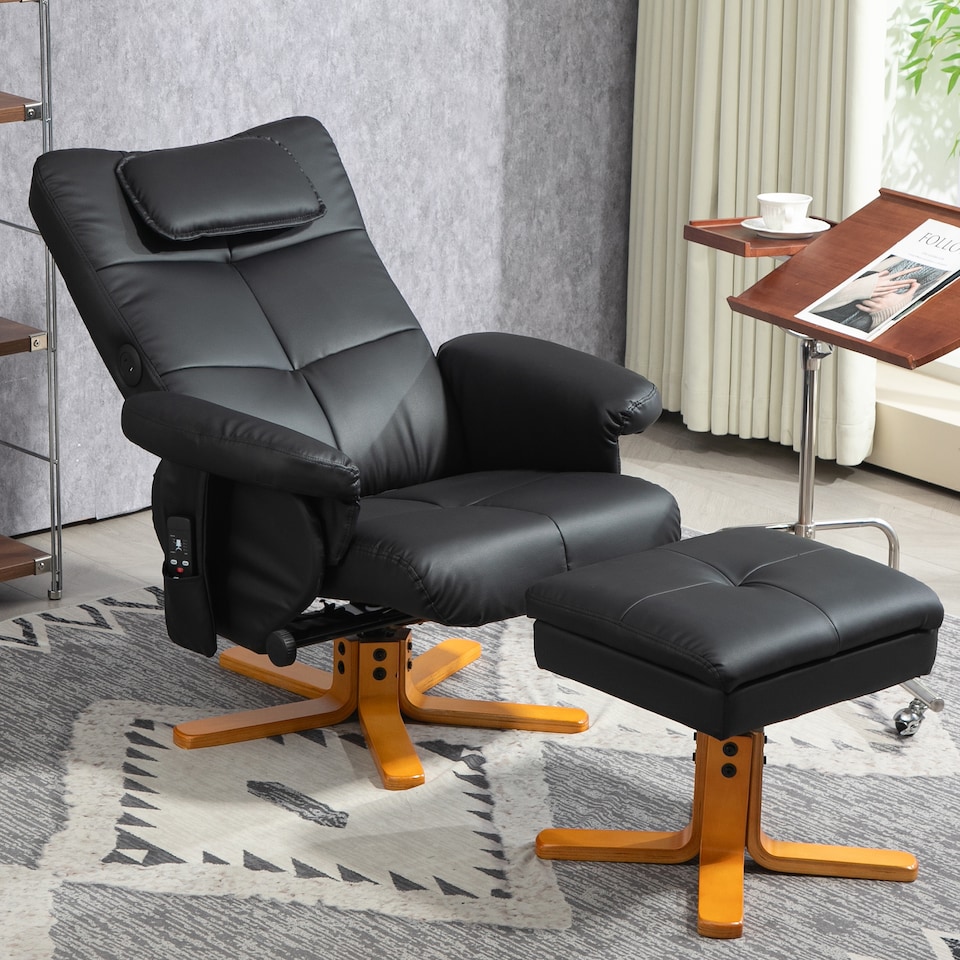 image 1 of HOMCOM Massage Recliner Chair with Footstool, Upholstered Armchair with Adjustable Backrest, Remote Control, Hidden Storage and USB Ports for Living Room, Bedroom, Black