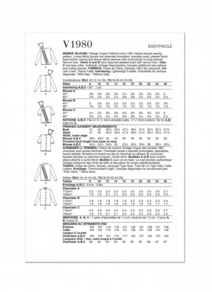 image 1 of Vogue 1980 Paper Sewing Pattern – Women’s Tops & Vintage Style, Size B5 (8–10–12–14–16), Easy