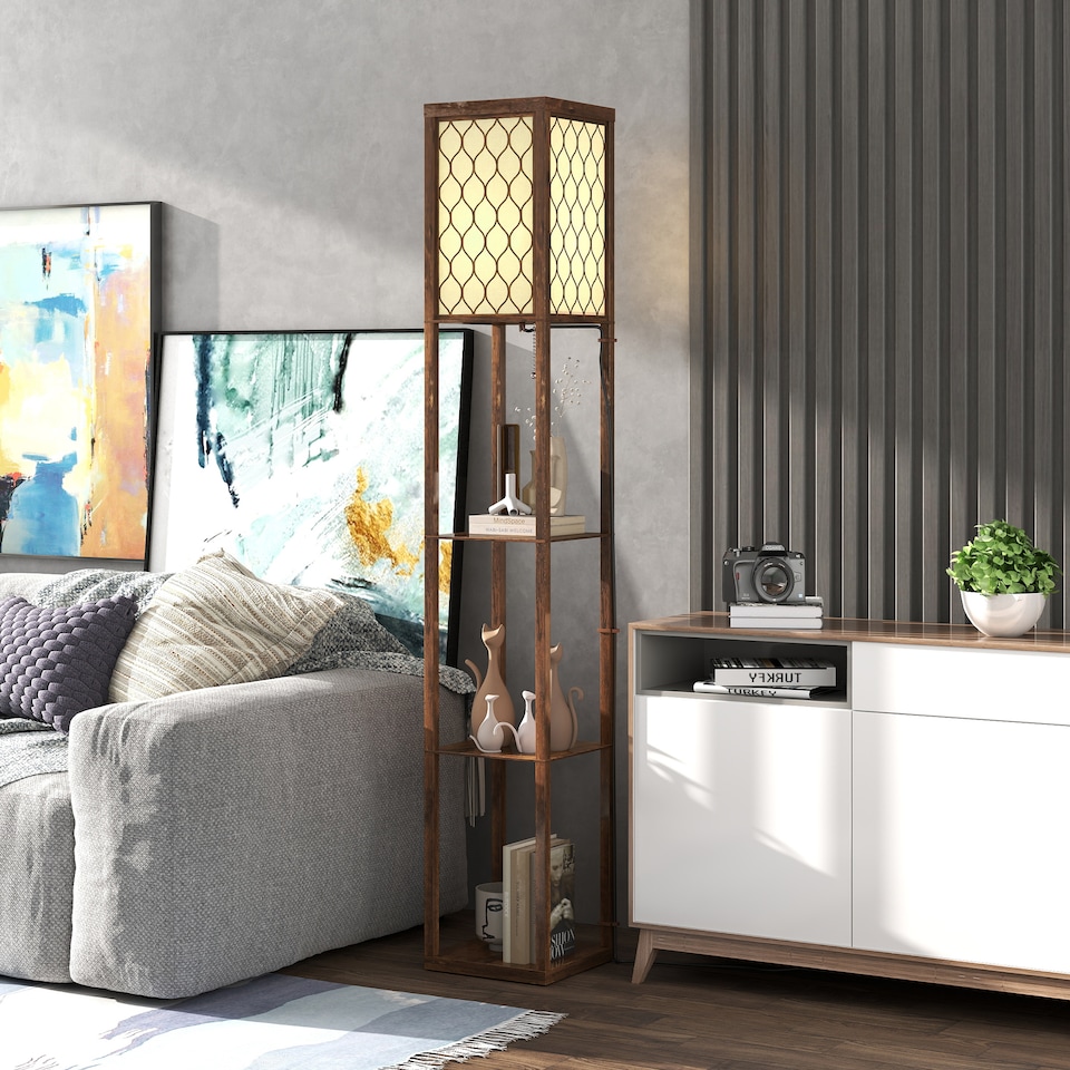 image 1 of HOMCOM Modern Floor Lamp Light with 3 Shelves Fabric Lampshade, Rustic Brown | Brown | Rustic Brown