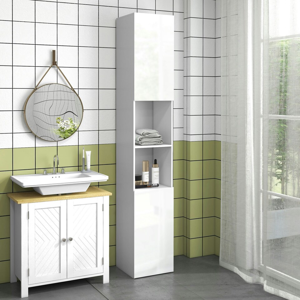 image 1 of kleankin High Gloss Bathroom Storage Cabinet Adjustable Shelves White