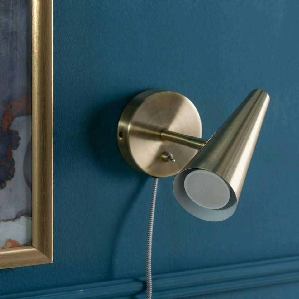 image 1 of ValueLights Pair of - Plug in Brushed Antique Brass Cone Easy Fit Wall Lights with Adjustable Head