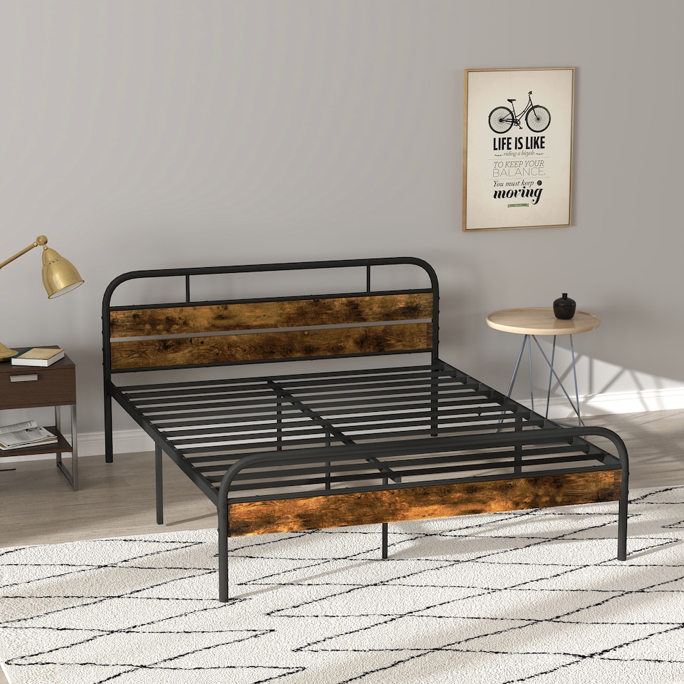 image 1 of HOMCOM 5ft King Size Bed Frame with Headboard, Platform Bed Frame with Underbed Storage, Slat Support, No Box Spring Needed, Easy Assembly, Rustic Brown