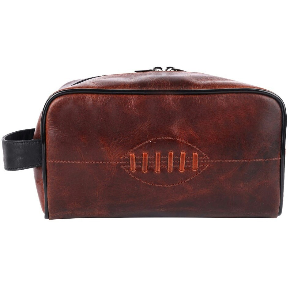 image 1 of SPORTGIFTZ Buffalo Leather Rugby Wash Bag Durable Toiletry Bag for Rugby Players and Fans Moisture-Resistant Lining, Secure Zip and Carry Handle 25cm x 14cm Brown