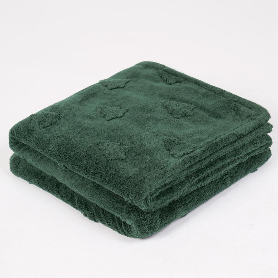 image 1 of OHS Soft Teddy Fleece Christmas Winter Tree Tufted Blanket Throw | Green